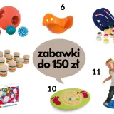 Kolaż zabawek sensorycznych dla dzieci: piłki, klocki, gra planszowa, huśtawka i dziewczynka na platformie balansującej.